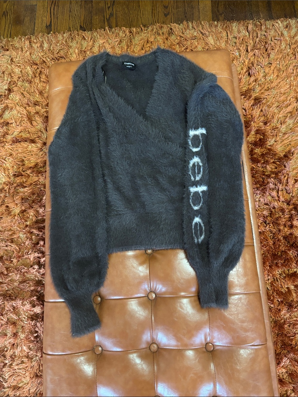 bebe Black Fuzzy V-Neck Sweater with Logo Sleeve